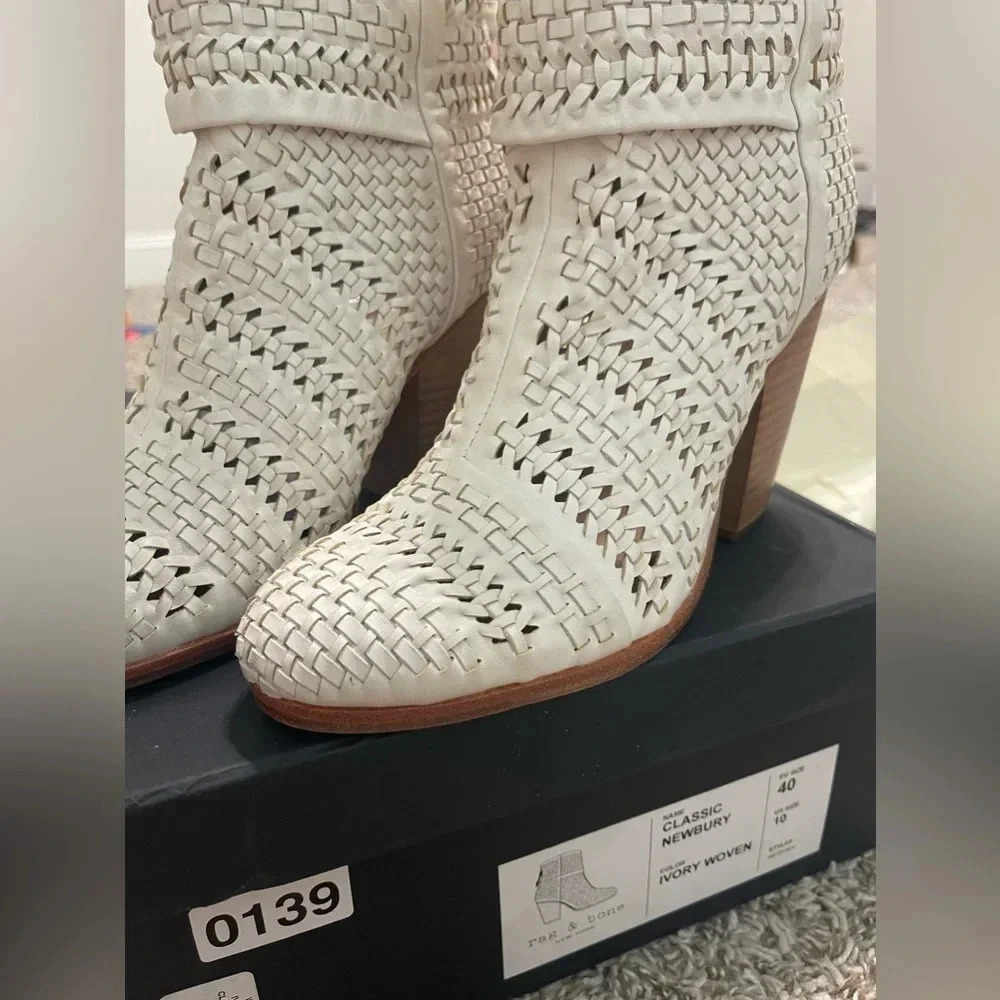 👢 Rag & Bone Newbury Woven Leather Ankle Boots Ivory Size 10 $595 Retail 👢